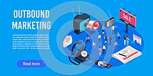 Outbound marketing isometric. Business market sales optimisation, corporate crm and social media ads communication