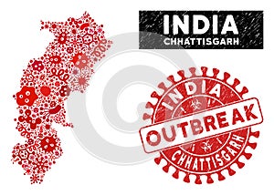 Outbreak Collage Chhattisgarh State Map with Grunge OUTBREAK Seal