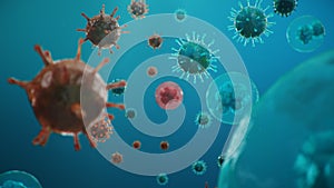 Outbreak of coronavirus, flu virus and COVID-19. Concept of a pandemic, epidemic for human cells. COVID-19 under the