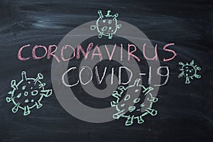 Outbreak Warning. written white chalk on blackboard in connection with epidemic of coronavirus worldwide