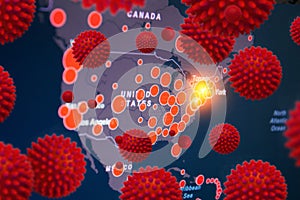 Outbreaks in in the United States of America, Canada, Mexico. Map with foci of infection coronavirus covid 19 SARS-CoV-2