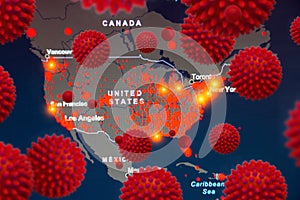 Outbreaks in in the United States of America, Canada, Mexico. Map with foci of infection covid-19 SARS-CoV-2