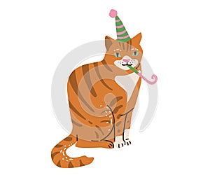 Outbred red and white cat celebrate happy birthday. Vector illustration in simple cartoon flat style. Isolated on white photo