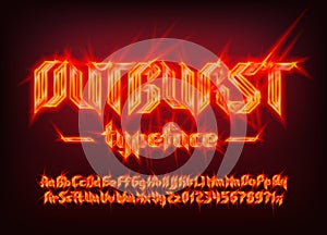 Outburst alphabet font. Electric letters and numbers in heavy metal style. Uppercase and lowercase.