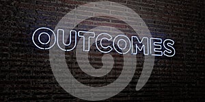 OUTCOMES -Realistic Neon Sign on Brick Wall background - 3D rendered royalty free stock image