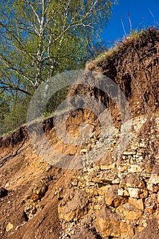 Outcrop of geological rocks. The bedrock is clay and limestone topped with Quaternary deposits