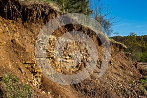 Outcrop of geological rocks. The bedrock is clay and limestone topped with Quaternary deposits