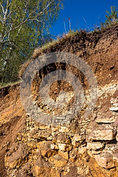 Outcrop of geological rocks. The bedrock is clay and limestone topped with Quaternary deposits