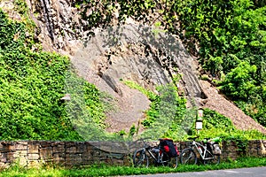 Outcrops of coal seams of hard coal mining with adjoining forest cover in the rock on Landek hill near Ostrava