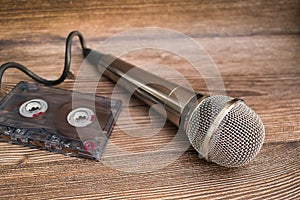 Outdated audio recording kit, microphone and tape