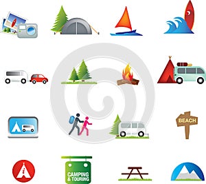 Outdoor activities and camping and caravanning icon set