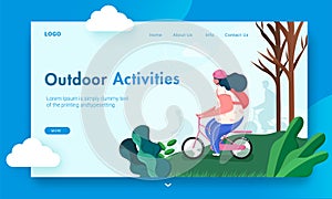 Outdoor Activities landing page design with woman wearing helmet riding bicycle.