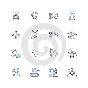 Outdoor activities line icons collection. Hiking, Camping, Fishing, Biking, Kayaking, Surfing, Swimming vector and