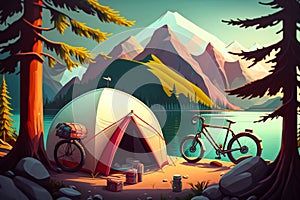 outdoor activities with tents on a velo trip illustration Generative AI photo