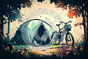 outdoor activities with tents on a velo trip illustration Generative AI photo