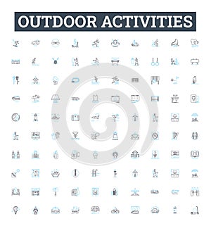 Outdoor activities vector line icons set. Hiking, Camping, Kayaking, Climbing, Biking, Swimming, Snowshoeing