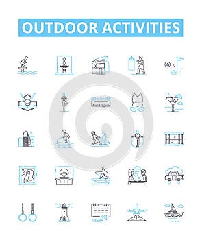 Outdoor activities vector line icons set. Hiking, Camping, Kayaking, Climbing, Biking, Swimming, Snowshoeing