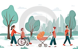Outdoor activity. People walking in the city park. Mom with a baby carriage, woman in wheelchair with an accompanying person,