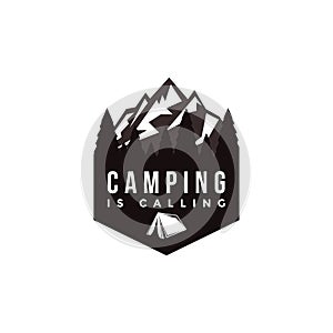 Outdoor adventure camping badge logo with forest nature landscape and tent vector illustration