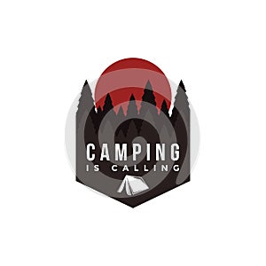 Outdoor adventure camping badge logo with forest nature landscape and tent vector illustrations