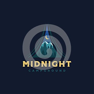 Outdoor adventure camping logo with inner tent view vector illustrations design on dark background
