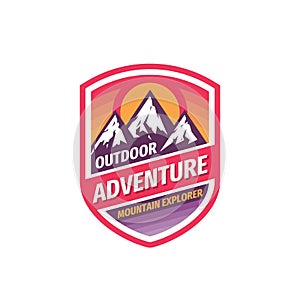 Outdoor adventure - concept badge design. Mountains climbing creative logo. Expedition hiking emblem. Vector illustration.