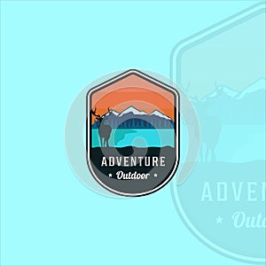 outdoor adventure emblem logo vector illustration template icon graphic design. silhouette deer at lake or river mountain wildlife