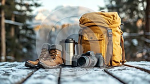 Outdoor adventure gear on snowy table with backpack camera boots and mug