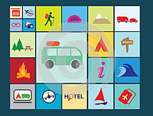 OUTDOOR ADVENTURE ICONS FLAT COLOUR BLOCKS AND THIN LINES