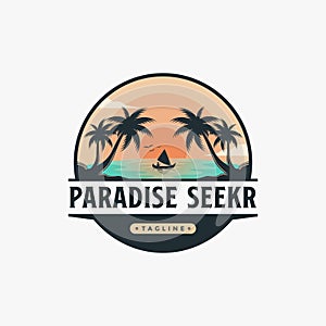 Outdoor adventure travel badge emblem beautiful sun and beach landscape logo vector illustration