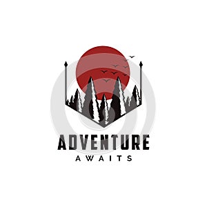 Outdoor adventure travel badge logo with sun, birds and pine trees vector illustrations