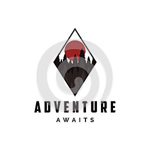 Outdoor adventure travel badge logo with sun and pine trees vector illustrations