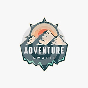 Outdoor adventure travel badge patch logo with compass and mountain landscape