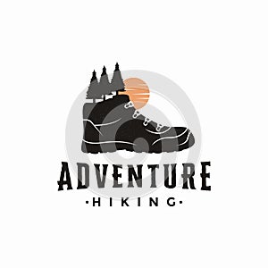 Outdoor adventure travel hiking logo with hiking boot, sun and forest landscape vector illustrations