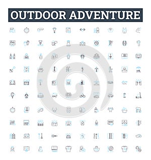 Outdoor adventure vector line icons set. Hiking, Camping, Climbing, Cycling, Canoeing, Surfing, Kayaking illustration photo