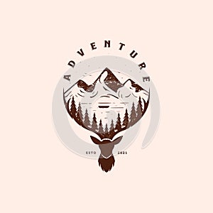 Outdoor Adventure Vintage Logo Vector Illustration Design. Deer Antler Illustration Logo Concept. Mountain Landscape Illustration