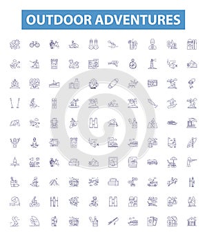 Outdoor adventures line icons, signs set. Trekking, Hiking, Camping, Kayaking, Canoeing, Rock Climbing, Mountain Biking