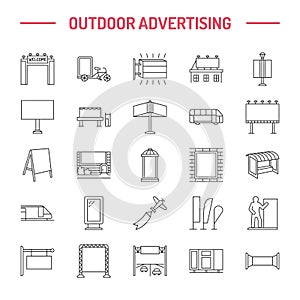 Outdoor advertising, commercial and marketing flat line icons. Billboard, street signboard, transit ads, posters banner