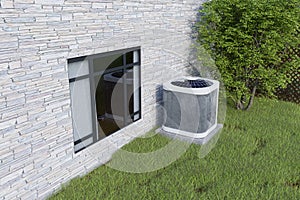 Outdoor air conditioner unit near house with tree and window 3d
