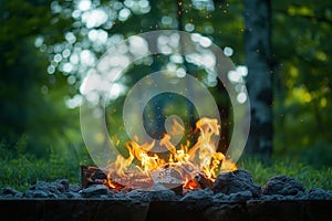 Outdoor ambiance Campfire flickers over vibrant green background