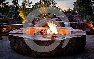 Outdoor Ambiance Fire Pits and Cozy Fireplaces. Generative AI