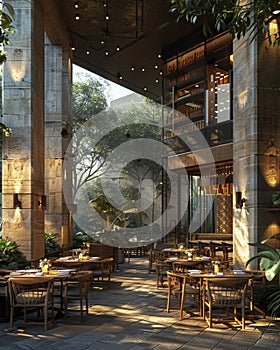 The outdoor area at a hotel restaurant, in the style of expansive spaces, dark silver and light indigo