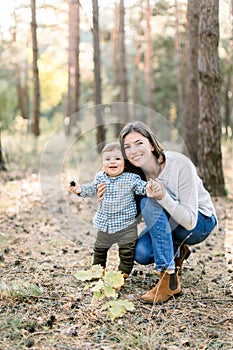 Outdoor autumn portrait of young pretty woman mother posing in autumn pine forest with her lovely cute little son