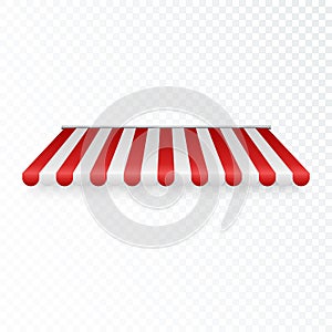 Outdoor awning. Striped tent or textile roof for retail shop. Red and white sunshade. Vector illustration