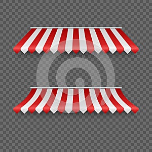 Outdoor awnings. Striped tents or textile roof for marketplace. Red and white sunshade. Vector illustration