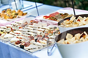 Outdoor banquet table with many snacks and delicacies