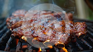 Outdoor barbecue, charcoal grill with ribs, close-up photo, blurred background.