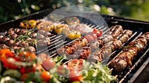 Outdoor barbecue, charcoal grill with shashlik, roasted beef and vegetables.