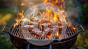 Outdoor Barbecue Grill with Flames in Garden Cooking Area