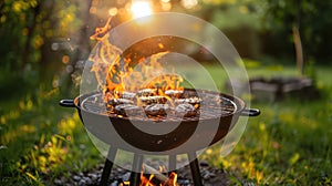 Outdoor Barbecue Grill with Flames in Garden Cooking Area